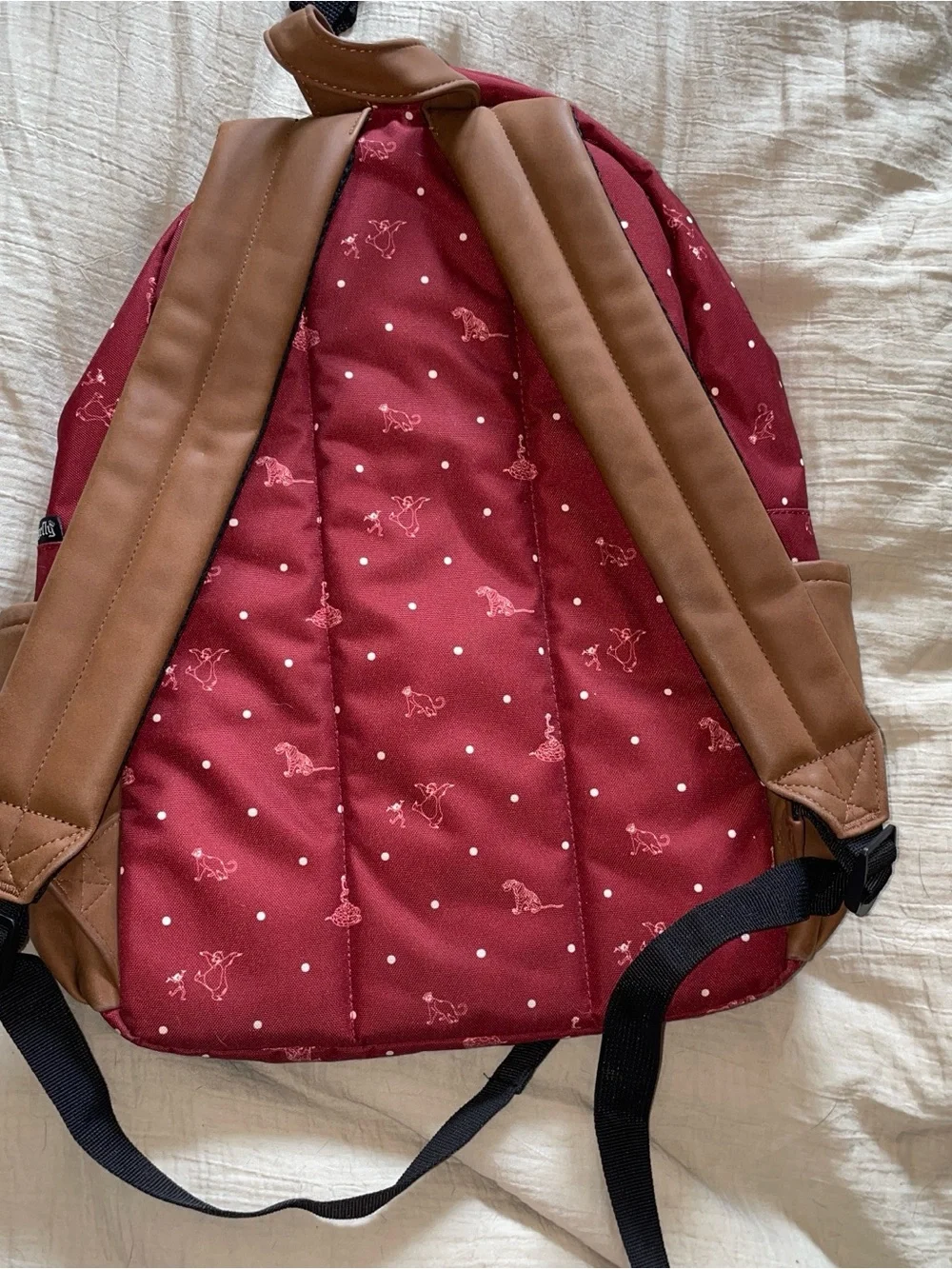 Loungefly Burgundy Polka Dot Jungle Book Backpack with Brown Trim